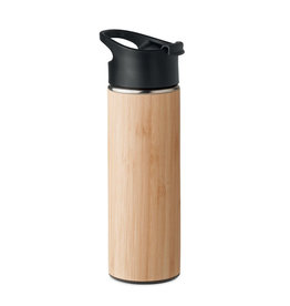 DeBle Nanda dubbelwandige drinkfles 450 ml met bamboe behuizing bedrukt met logo
