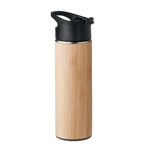 DeBle Nanda dubbelwandige drinkfles 450 ml met bamboe behuizing bedrukt met logo