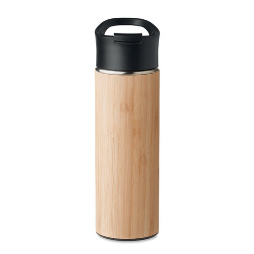 DeBle Nanda dubbelwandige drinkfles 450 ml met bamboe behuizing bedrukt met logo