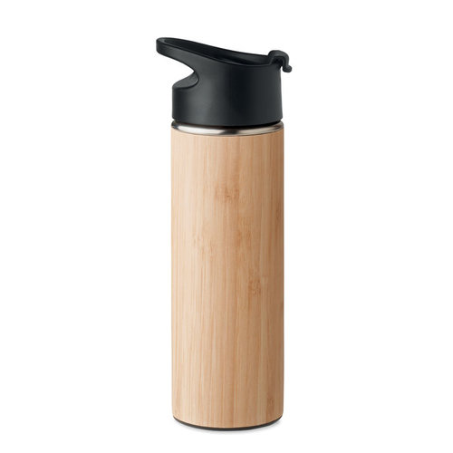 DeBle Nanda dubbelwandige drinkfles 450 ml met bamboe behuizing bedrukt met logo