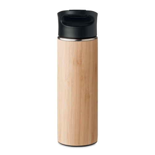 DeBle Nanda dubbelwandige drinkfles 450 ml met bamboe behuizing bedrukt met logo