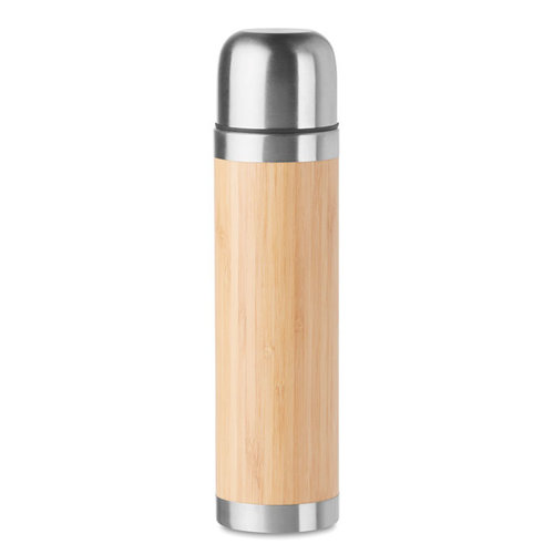 DeBle Chan bamboo dubbelwandige drinkfles 400 ml met bamboe behuizing bedrukt met logo