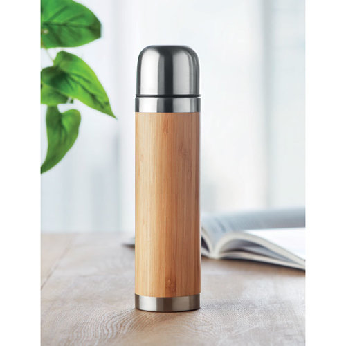 DeBle Chan bamboo dubbelwandige drinkfles 400 ml met bamboe behuizing bedrukt met logo