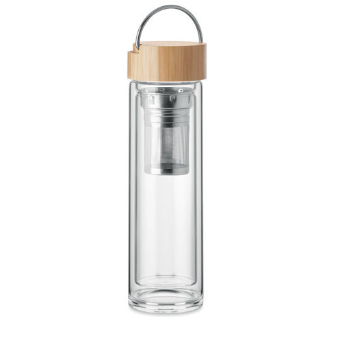 Batami dubbelwandige glazen fles 400 ml MO6854 met bamboe deksel bedrukken DeBle