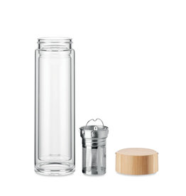 Batami dubbelwandige glazen fles 400 ml MO6854 met bamboe deksel bedrukken DeBle