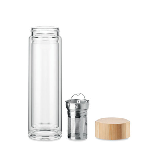 Batami dubbelwandige glazen fles 400 ml MO6854 met bamboe deksel bedrukken DeBle