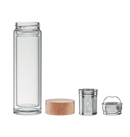 DeBle Batumi Glass dubbelwandige glazen drinkfles 400 ml met bamboe dop en theecompartiment, herbruikbare waterfles met logo