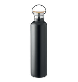 DeBle Helsinki Large dubbelwandige RVS drinkfles 1 liter met bamboe dop en logo, vacuüm geïsoleerde herbruikbare thermosfles