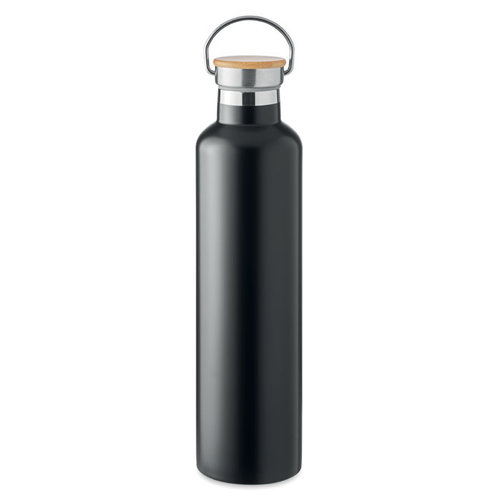 DeBle Helsinki Large dubbelwandige RVS drinkfles 1 liter met bamboe dop en logo, vacuüm geïsoleerde herbruikbare thermosfles