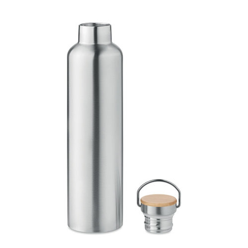 DeBle Helsinki Large dubbelwandige RVS drinkfles 1 liter met bamboe dop en logo, vacuüm geïsoleerde herbruikbare thermosfles