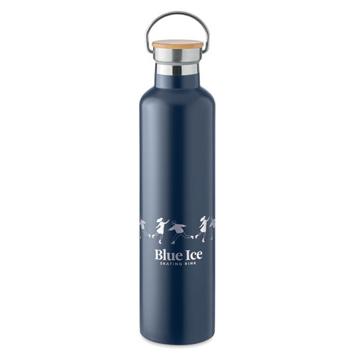 DeBle Helsinki Large dubbelwandige RVS drinkfles 1 liter met bamboe dop en logo, vacuüm geïsoleerde herbruikbare thermosfles