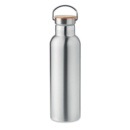 DeBle Helsinki dubbelwandige thermosfles 750 ml MO6372 met bamboe dop en draagring bedrukt met logo