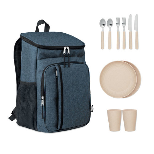 Montecool RPET koeltas rugzak MO6167 van gerecycled 600D RPET met geïsoleerd koelvak en complete picknickset voor twee personen bedrukken met logo