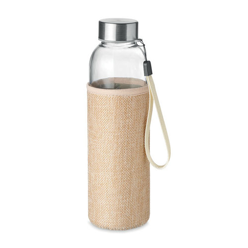 DeBle Utah touch glazen drinkfles 500 ml met jute en neopreen hoes bedrukt met logo
