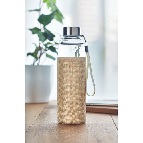 DeBle Utah touch glazen drinkfles 500 ml met jute en neopreen hoes bedrukt met logo