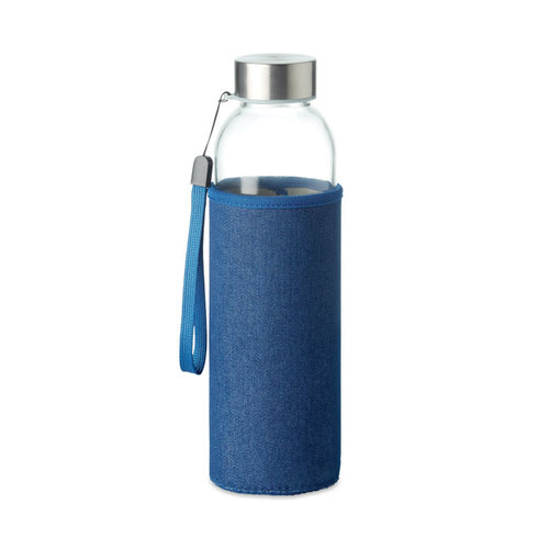 DeBle Utah denim glazen drinkfles 500 ml met denimlook hoes bedrukt met logo