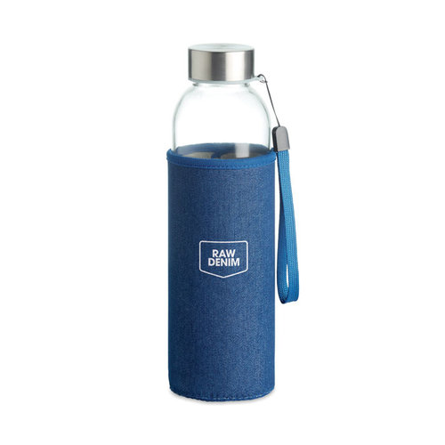 DeBle Utah denim glazen drinkfles 500 ml met denimlook hoes bedrukt met logo
