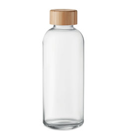 DeBle Frisian glazen drinkfles 650 ml met bamboe dop bedrukt met logo