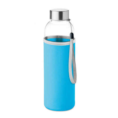 DeBle Utah glazen drinkfles 500 ml met neopreen hoes bedrukt met logo