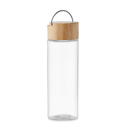 DeBle Ameland glazen drinkfles 500 ml met bamboe dop en draagring bedrukt met logo