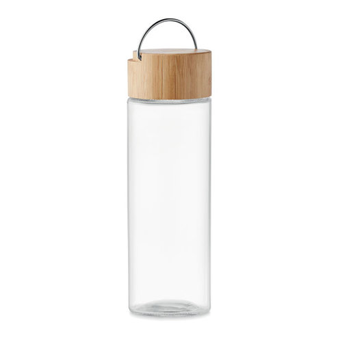 DeBle Ameland glazen drinkfles 500 ml met bamboe dop en draagring bedrukt met logo