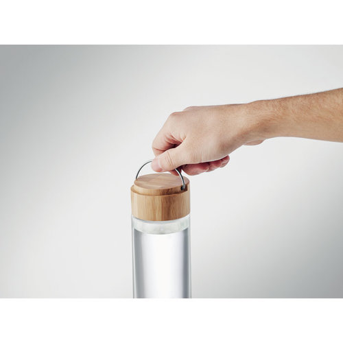 DeBle Ameland glazen drinkfles 500 ml met bamboe dop en draagring bedrukt met logo