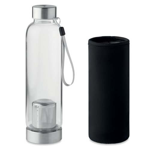 DeBle Utah Tea glazen drinkfles 500 ml van borosilicaat glas met theezeef en logo, herbruikbare lekvrije waterfles