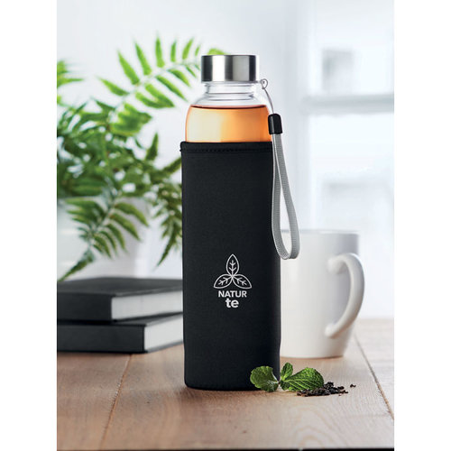 DeBle Utah Tea glazen drinkfles 500 ml van borosilicaat glas met theezeef en logo, herbruikbare lekvrije waterfles