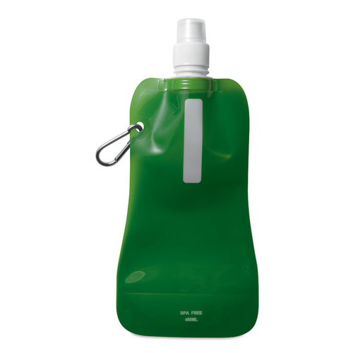 DeBle Gates opvouwbare drinkfles 480 ml BPA-vrij met aluminium karabijnhaak en logo, herbruikbare flexibele drinkfles