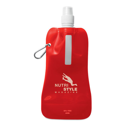 DeBle Gates opvouwbare drinkfles 480 ml BPA-vrij met aluminium karabijnhaak en logo, herbruikbare flexibele drinkfles