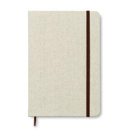 Canvas A5 notitieboek MO8712 met stevige canvas kaft, 192 gelinieerde gerecyclede pagina’s, elastische sluitingsband en leeslint