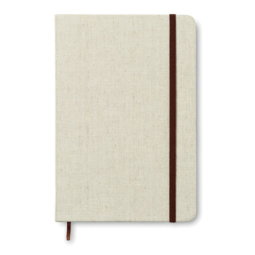 Canvas A5 notitieboek MO8712 met stevige canvas kaft, 192 gelinieerde gerecyclede pagina’s, elastische sluitingsband en leeslint
