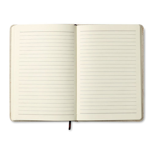 Canvas A5 notitieboek MO8712 met stevige canvas kaft, 192 gelinieerde gerecyclede pagina’s, elastische sluitingsband en leeslint