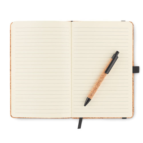 Suber Set A5 notitieboek MO6202 met kurken kaft, gelinieerd papier, bijpassende pen van kurk en tarwestro, elastische sluitband en geschenkverpakking