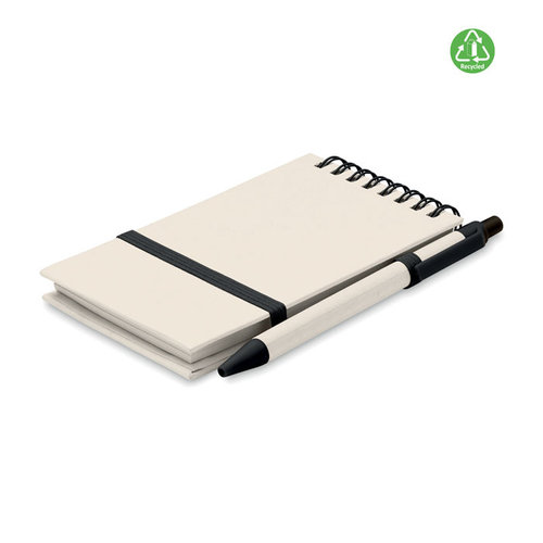 Mito Set A6 notitieboek MO6837 van gerecycled melkpak en papier met 70 gelinieerde pagina’s, ringband, elastiek en balpen