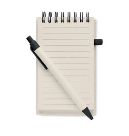 Mito Set A6 notitieboek MO6837 van gerecycled melkpak en papier met 70 gelinieerde pagina’s, ringband, elastiek en balpen