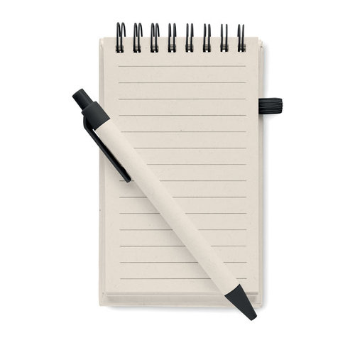 Mito Set A6 notitieboek MO6837 van gerecycled melkpak en papier met 70 gelinieerde pagina’s, ringband, elastiek en balpen