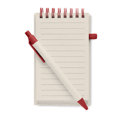 Mito Set A6 notitieboek MO6837 van gerecycled melkpak en papier met 70 gelinieerde pagina’s, ringband, elastiek en balpen