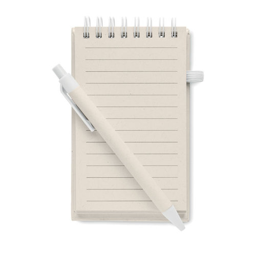 Mito Set A6 notitieboek MO6837 van gerecycled melkpak en papier met 70 gelinieerde pagina’s, ringband, elastiek en balpen