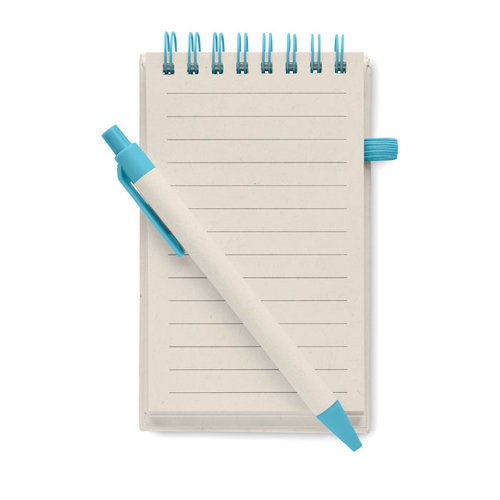 Mito Set A6 notitieboek MO6837 van gerecycled melkpak en papier met 70 gelinieerde pagina’s, ringband, elastiek en balpen