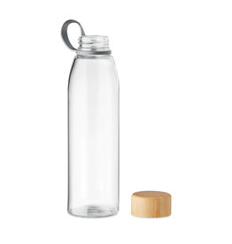 DeBle Fjord white glazen drinkfles 500 ml met bamboe dop en TPU houder bedrukt met logo