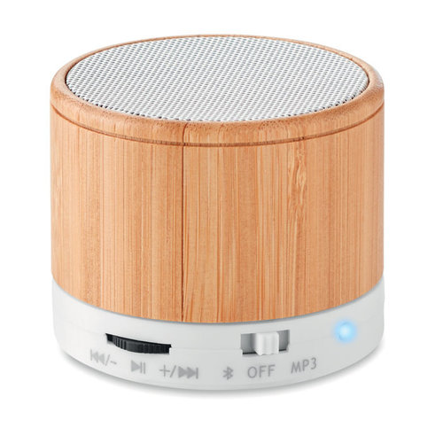 Round bamboo draadloze luidspreker MO9608 met logo bedrukken DeBle