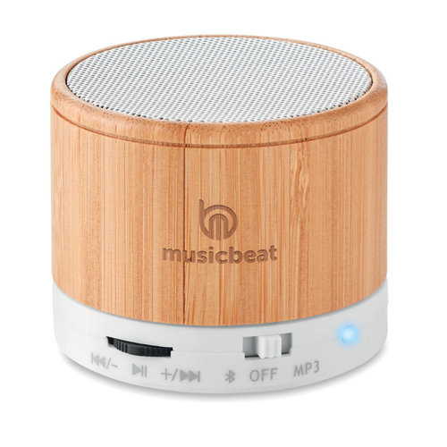 Round bamboo draadloze luidspreker MO9608 met logo bedrukken DeBle