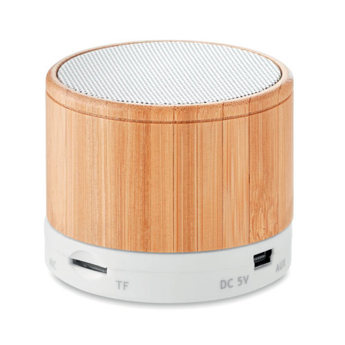 Round bamboo draadloze luidspreker MO9608 met logo bedrukken DeBle