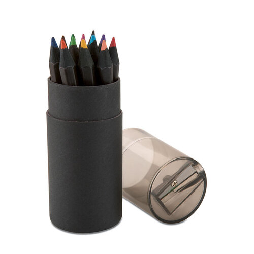 12 Potloden in ronde doos Blocky (IT3630) met logo