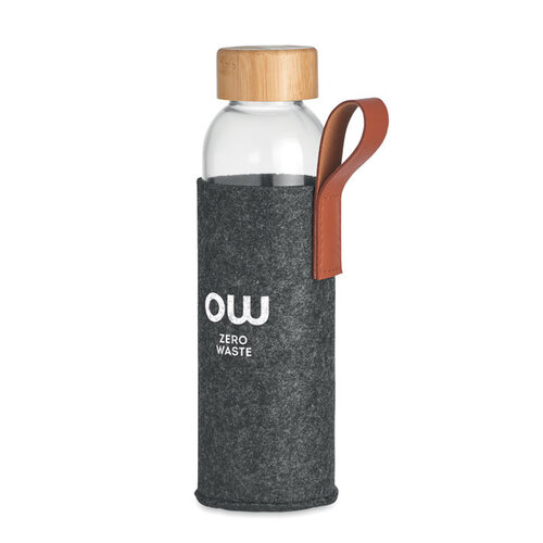 DeBle Thai glazen drinkfles 500 ml MO6800 met RPET hoes en bamboe deksel bedrukt met logo