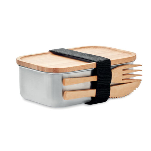 DéBlé Savanna RVS lunchbox 600 ml MO9967 met bamboe deksel en bestek bedrukt met logo
