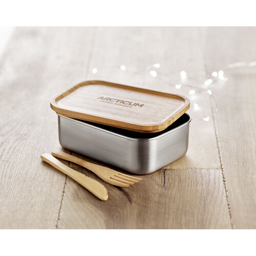 DéBlé Savanna RVS lunchbox 600 ml MO9967 met bamboe deksel en bestek bedrukt met logo
