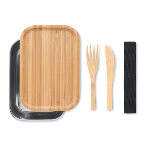 DéBlé Savanna RVS lunchbox 600 ml MO9967 met bamboe deksel en bestek bedrukt met logo