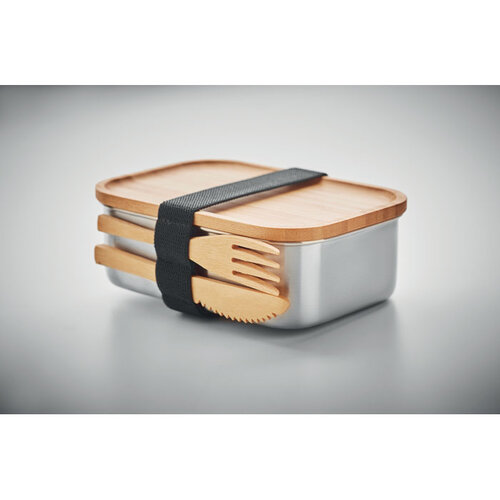 DéBlé Savanna RVS lunchbox 600 ml MO9967 met bamboe deksel en bestek bedrukt met logo